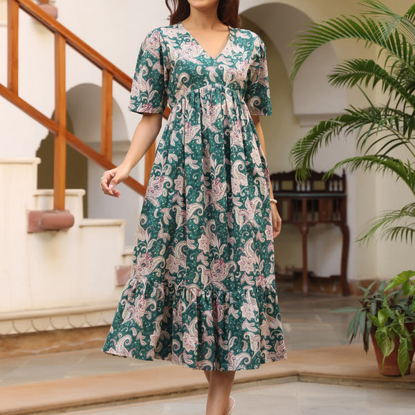 Janasya Dark Cotton Floral Tiered Dress