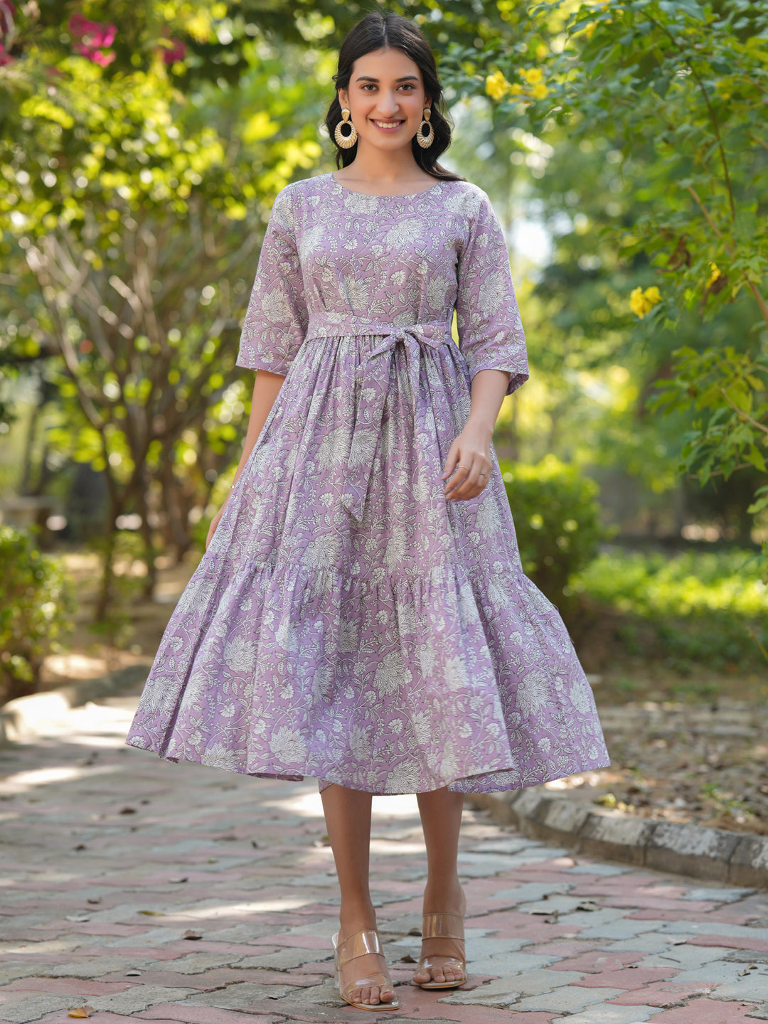 Janasya Light Cotton Floral Tiered Dress - Distacart