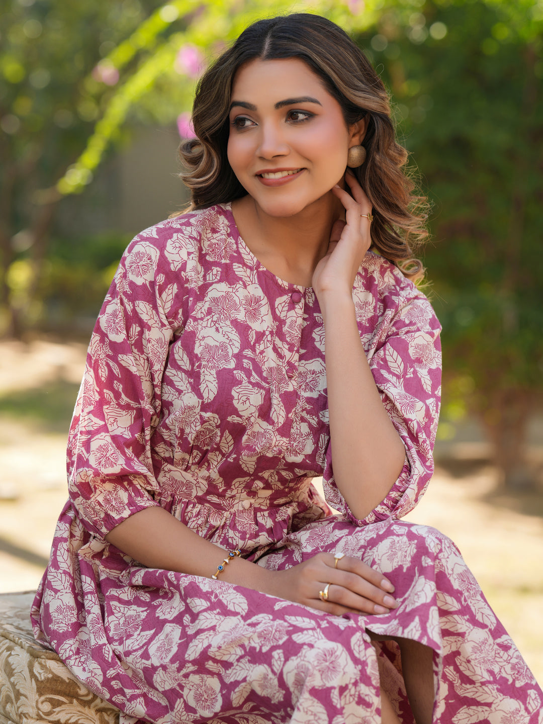 Janasya Light Cotton Floral Gathered Dress