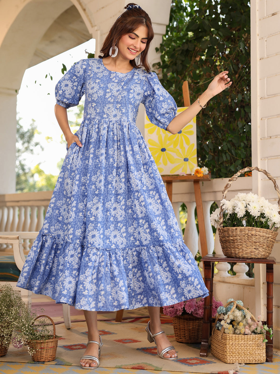 Janasya Light Cotton Floral Tiered Dress