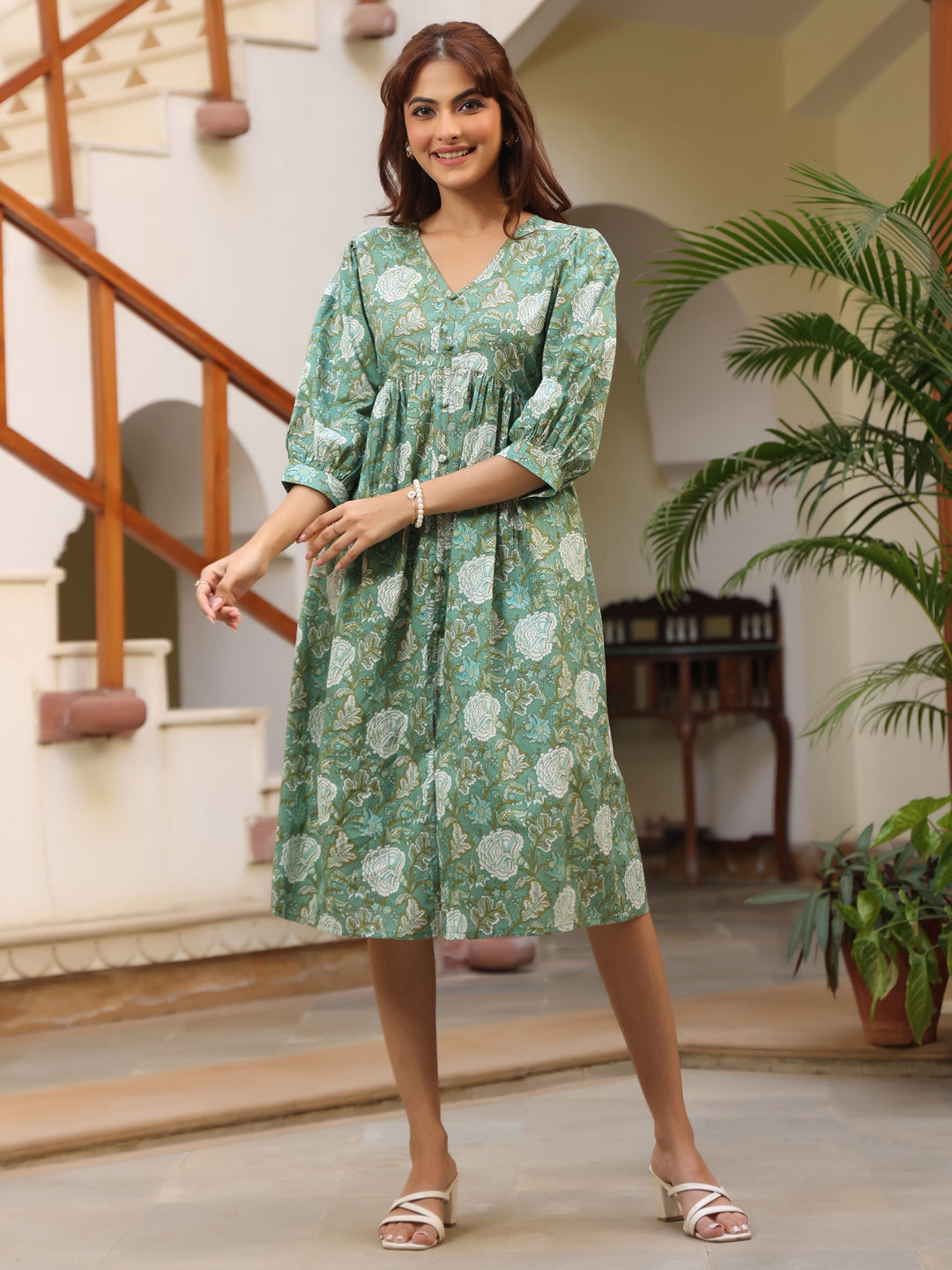 Janasya Dark Cotton Floral A-Line Dress