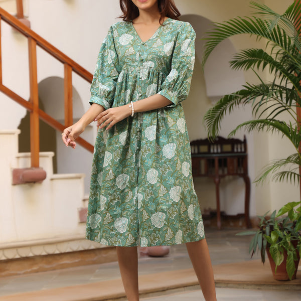 Janasya Dark Cotton Floral A-Line Dress