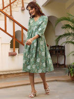 Thumbnail for Janasya Dark Cotton Floral A-Line Dress
