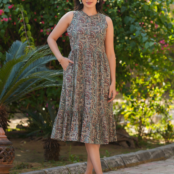 Janasya Dark Cotton Paisley A-Line Dress
