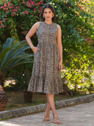 Janasya Dark Cotton Paisley A-Line Dress