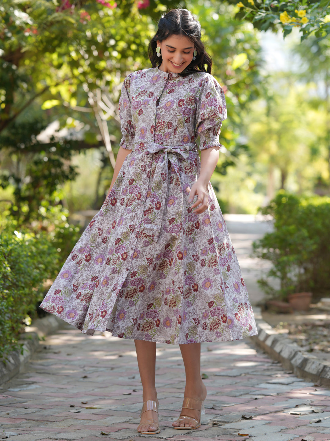 Janasya Dark Cotton Floral A-Line Dress