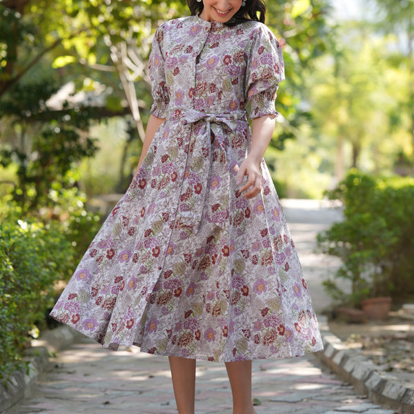 Janasya Dark Cotton Floral A-Line Dress