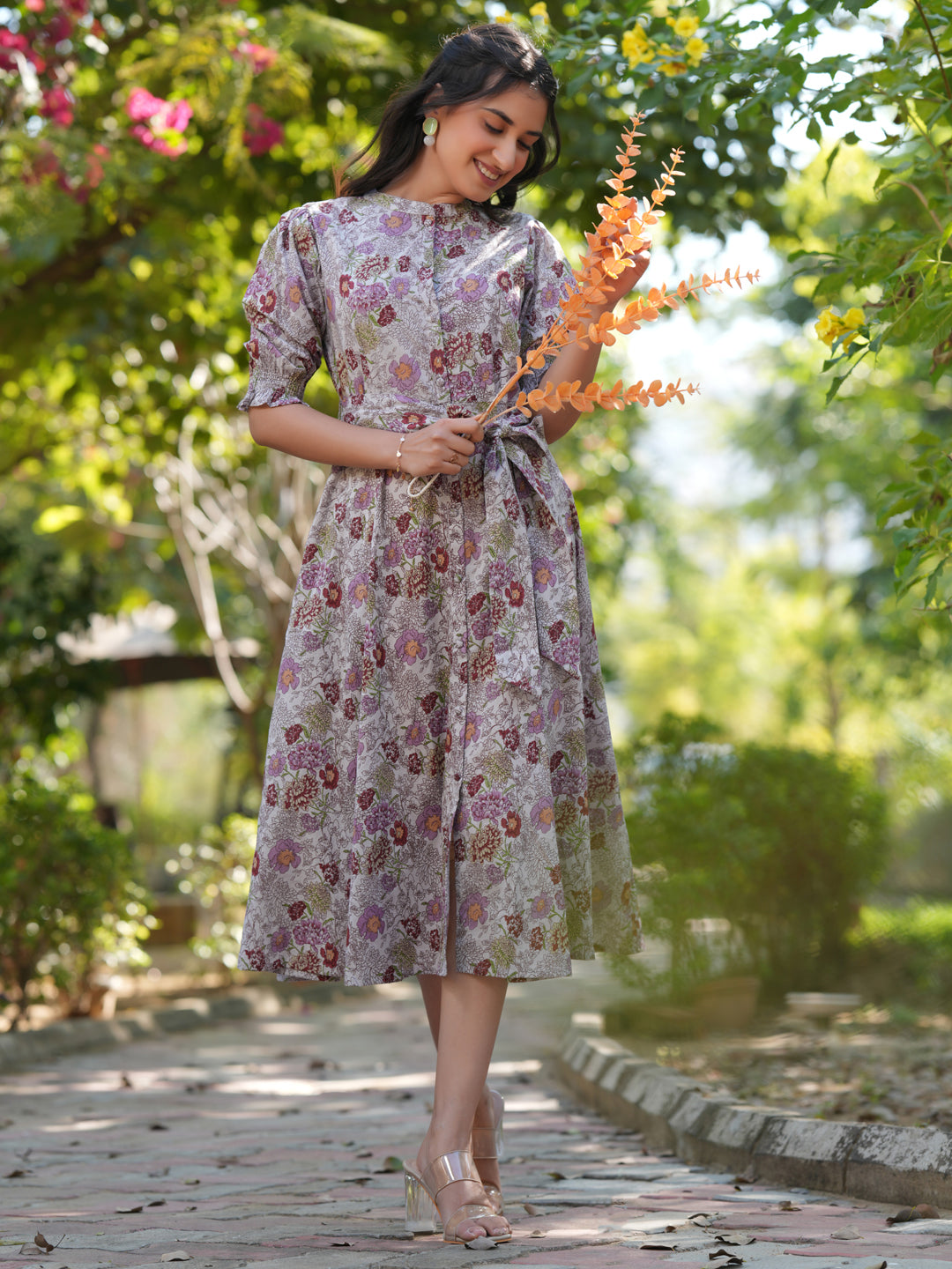 Janasya Dark Cotton Floral A-Line Dress