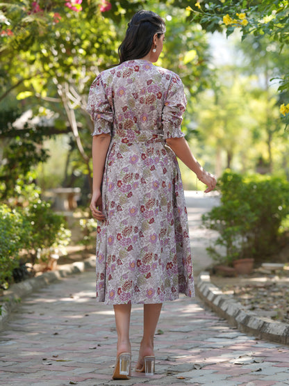 Janasya Dark Cotton Floral A-Line Dress - Distacart