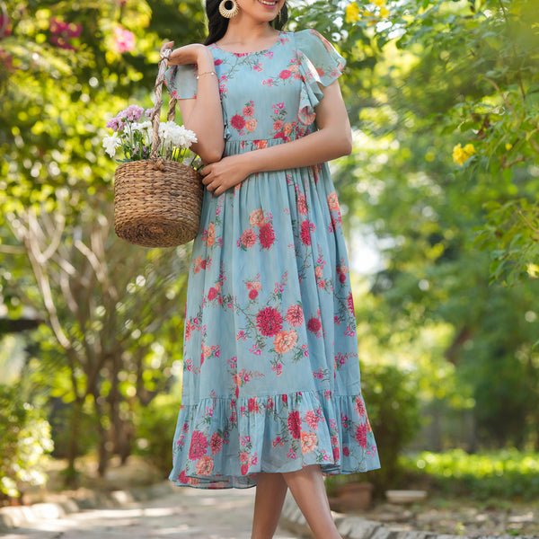 Janasya Bright Georgette Floral Tiered Dress