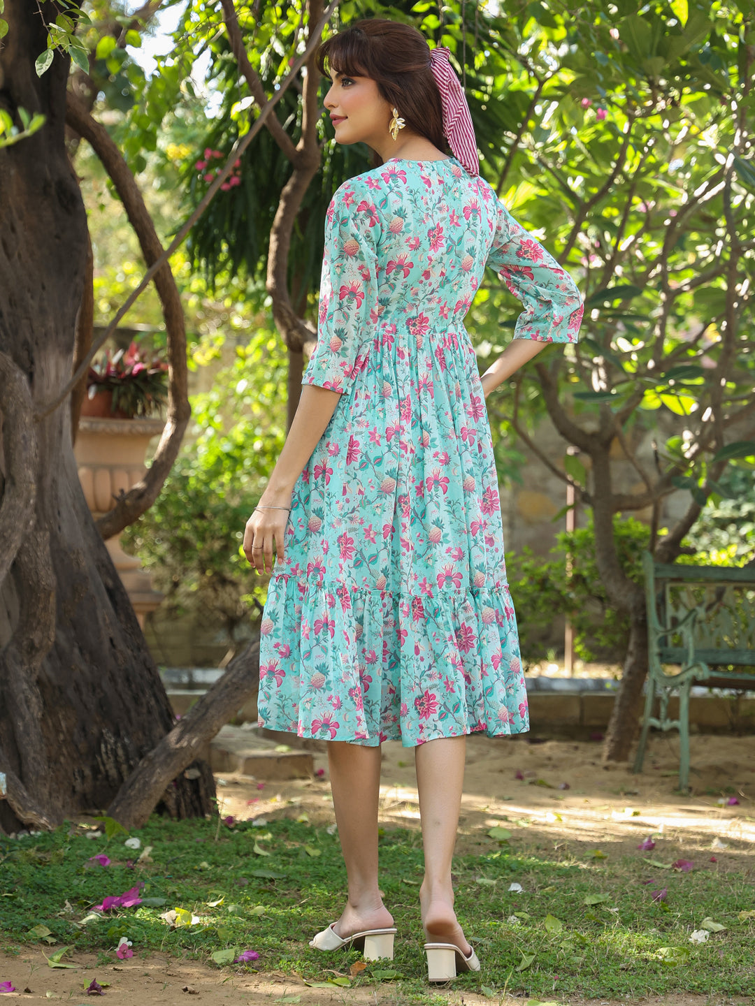 Janasya Bright Georgette Floral Tiered Dress