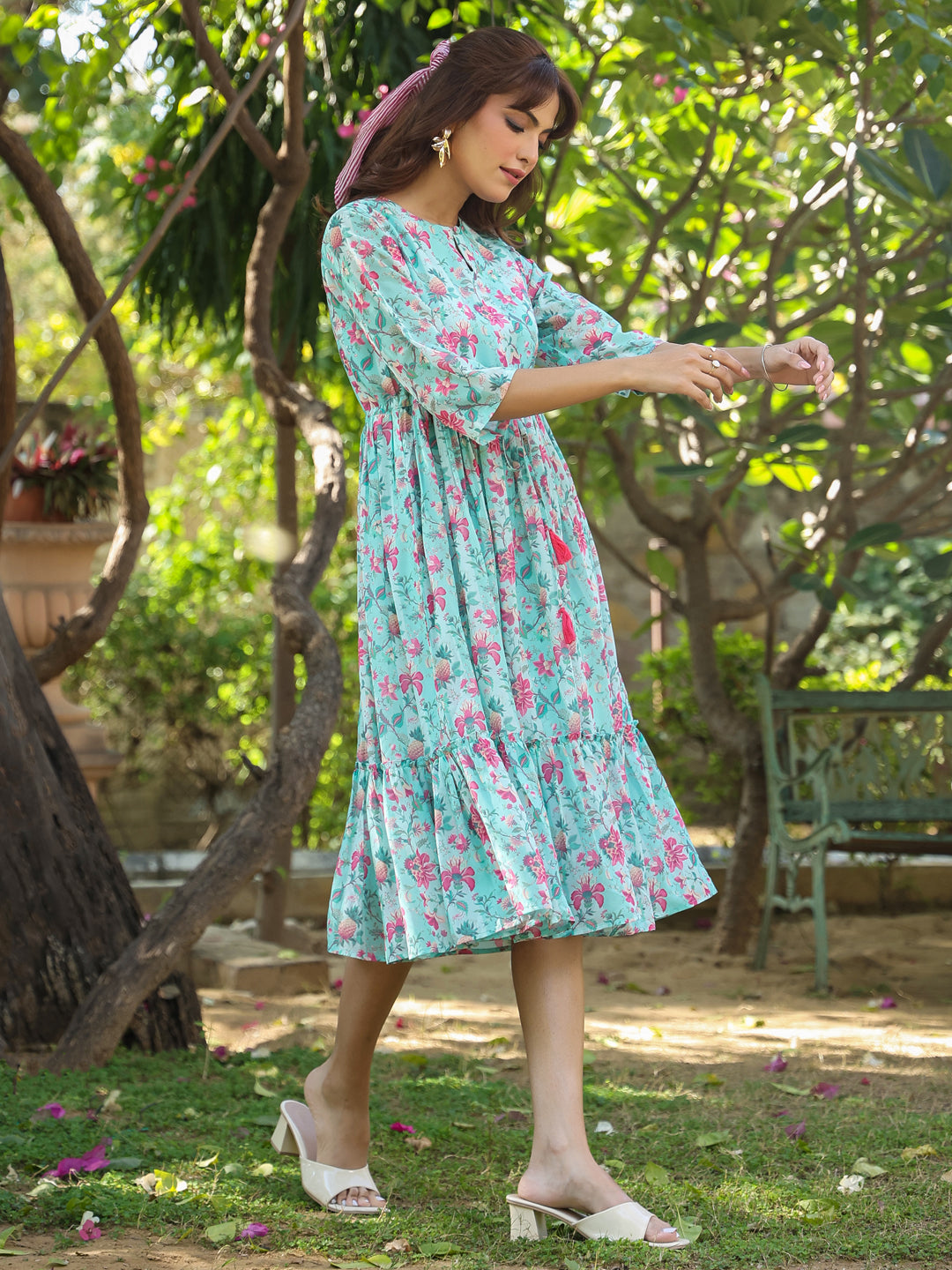 Janasya Bright Georgette Floral Tiered Dress