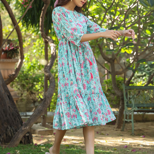 Janasya Bright Georgette Floral Tiered Dress