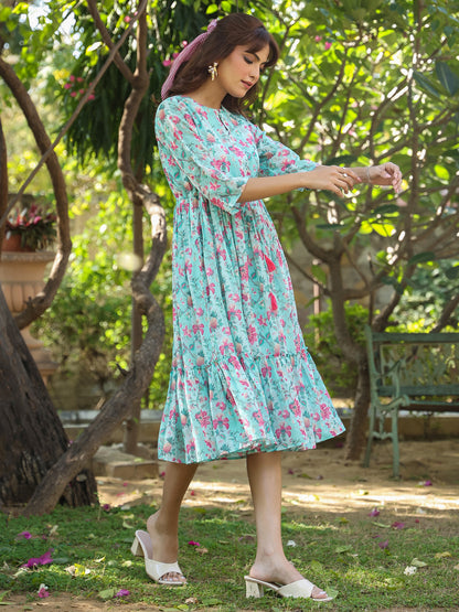 Janasya Bright Georgette Floral Tiered Dress - Distacart