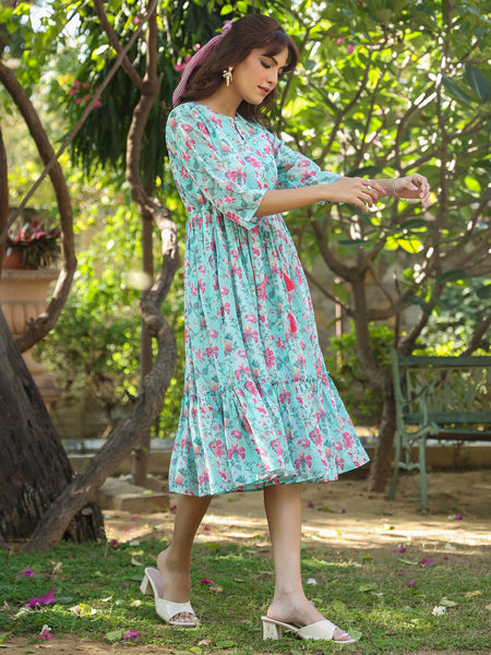 Janasya Bright Georgette Floral Tiered Dress