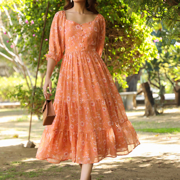 Janasya Bright Georgette Floral Tiered Dress