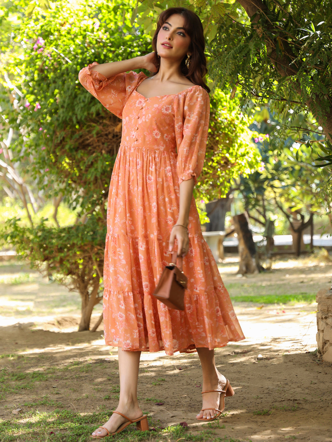 Janasya Bright Georgette Floral Tiered Dress