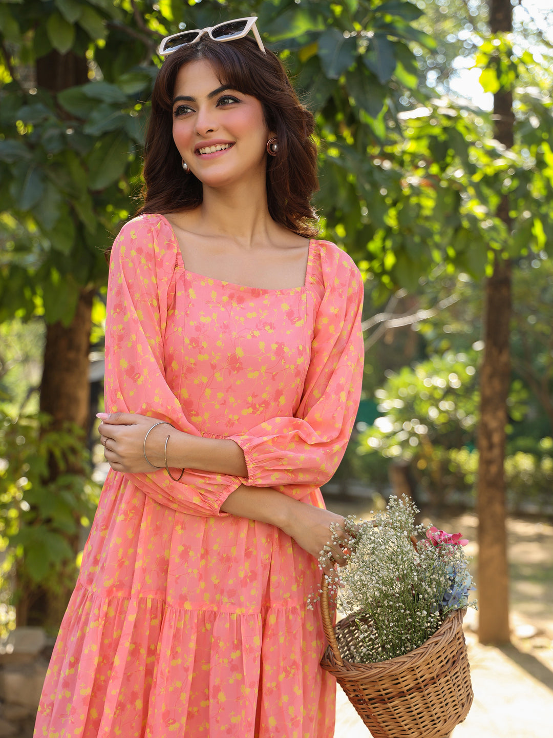 Janasya Light Georgette Floral Tiered Dress