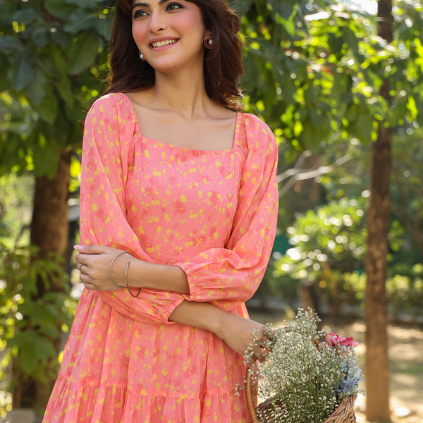 Janasya Light Georgette Floral Tiered Dress