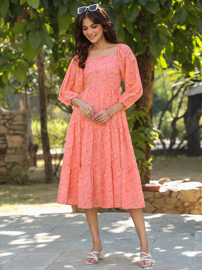Janasya Light Georgette Floral Tiered Dress - Distacart