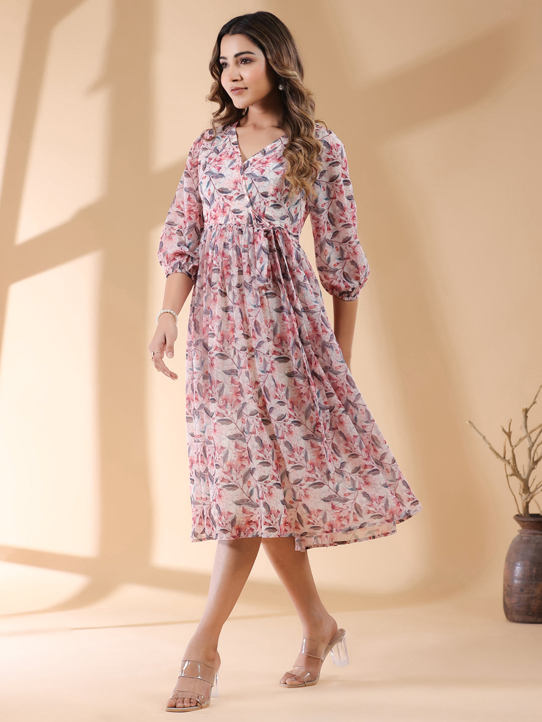 Janasya Light Georgette Floral Wrap Dress