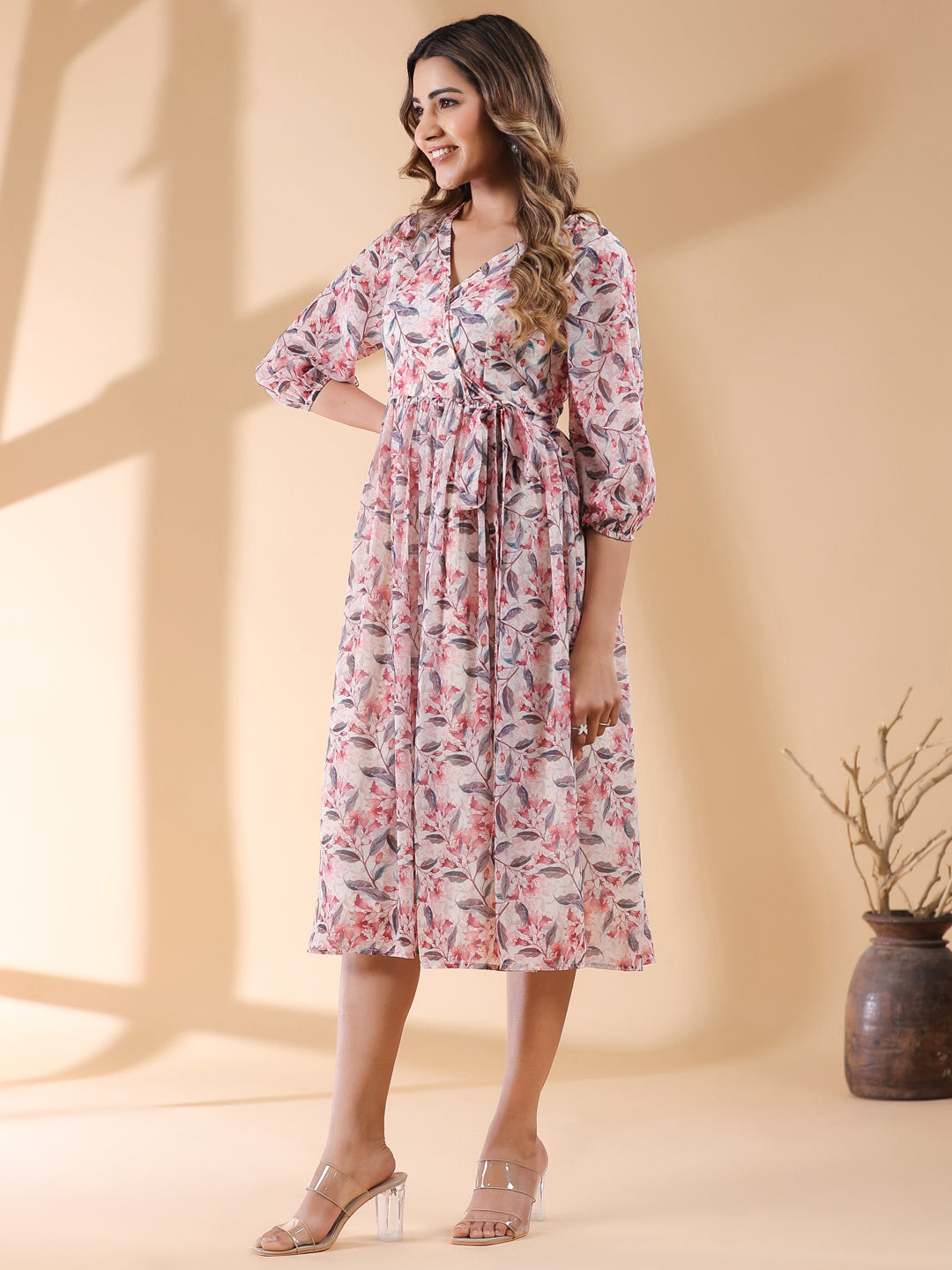 Janasya Light Georgette Floral Wrap Dress - Distacart