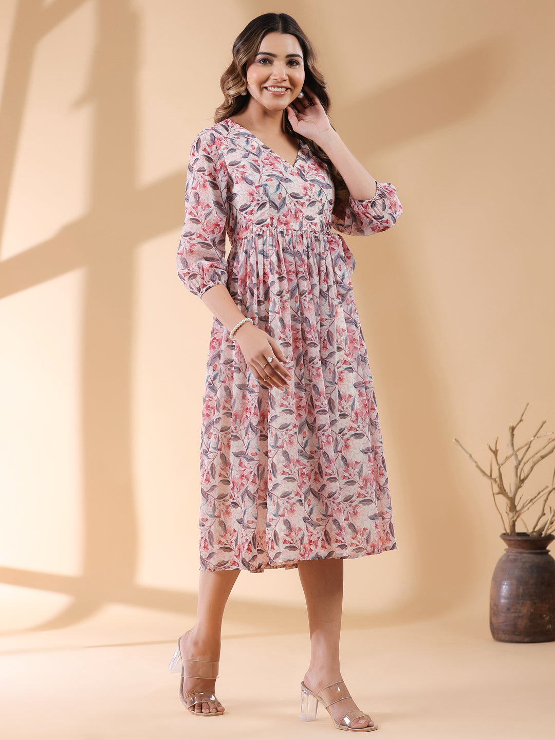 Janasya Light Georgette Floral Wrap Dress - Distacart