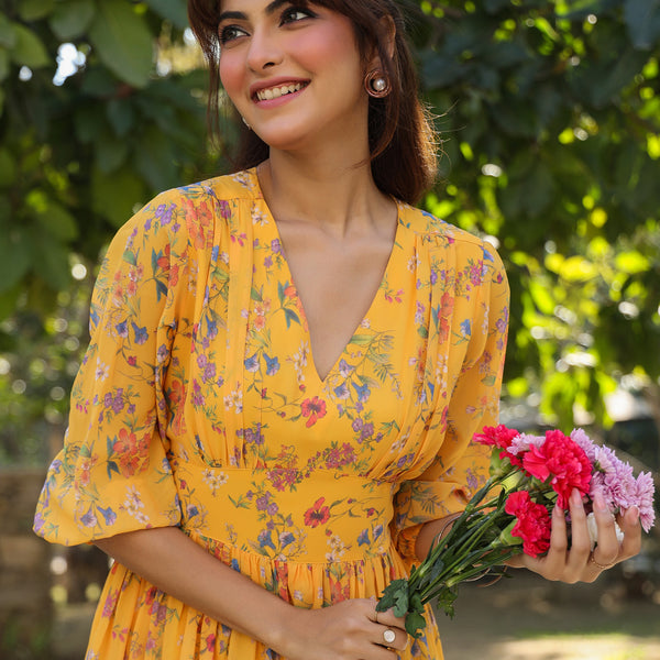 Janasya Bright Georgette Floral Gathered Dress