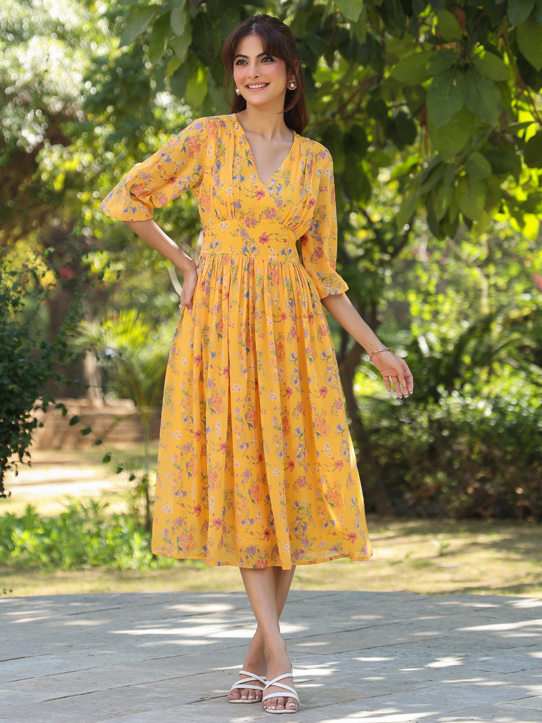 Janasya Bright Georgette Floral Gathered Dress