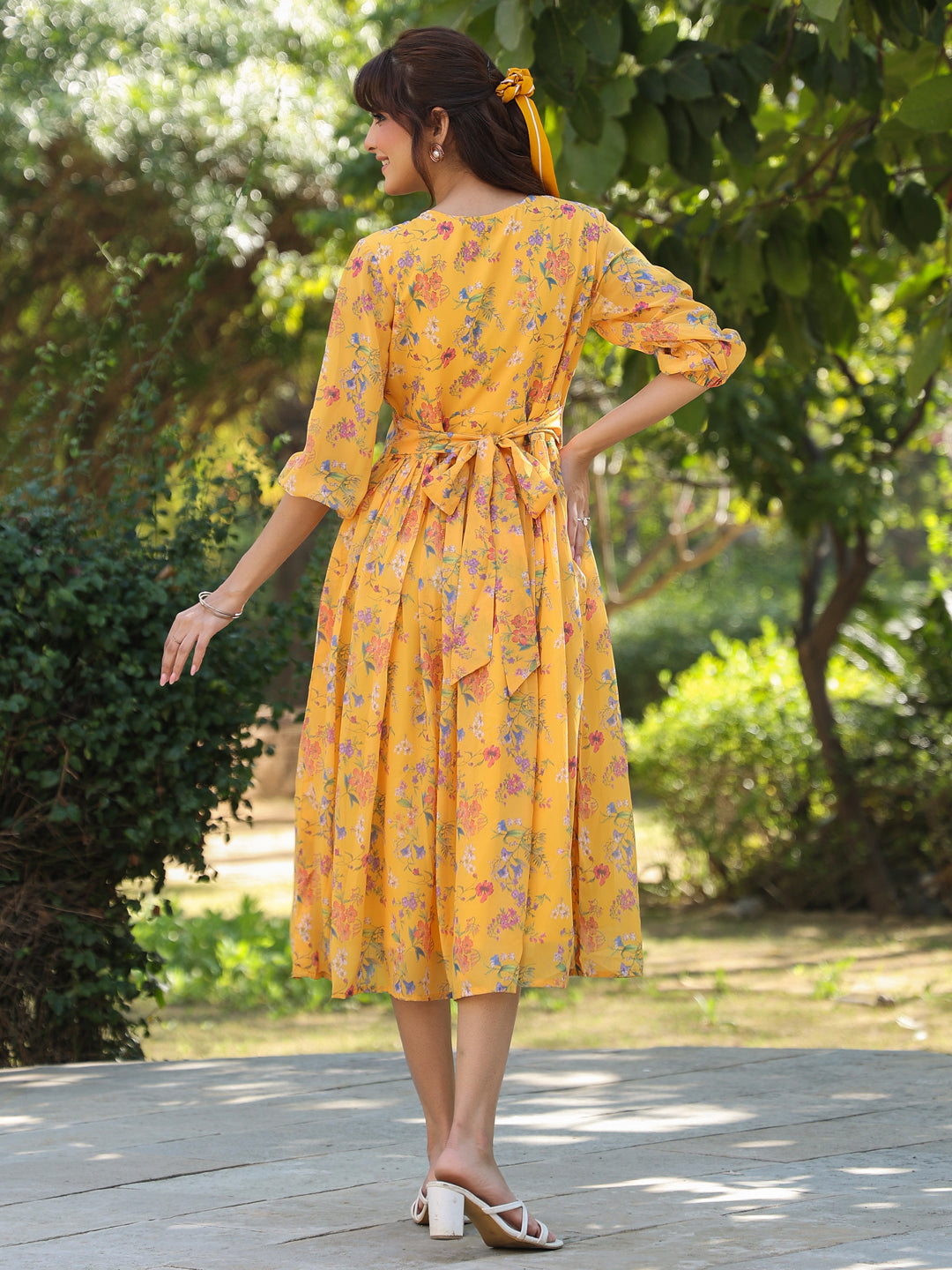 Janasya Bright Georgette Floral Gathered Dress