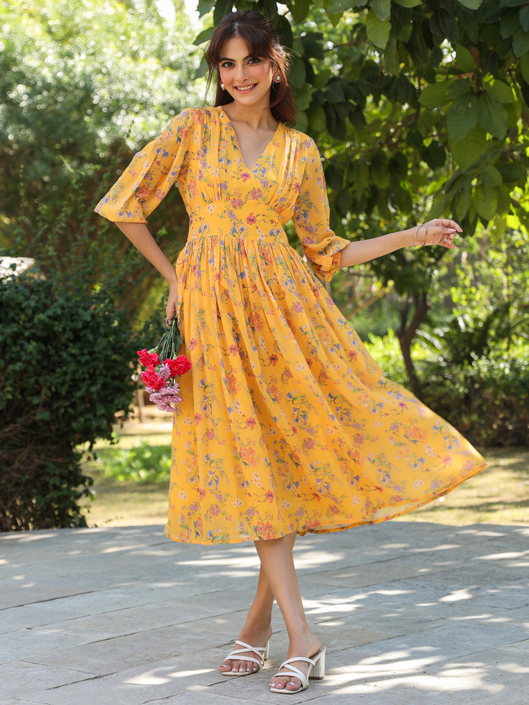 Janasya Bright Georgette Floral Gathered Dress