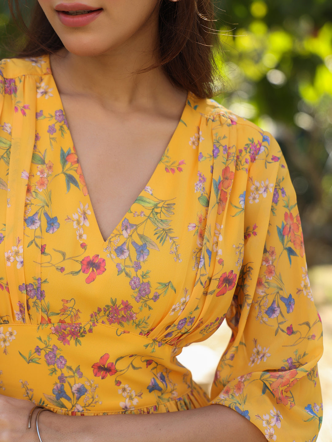 Janasya Bright Georgette Floral Gathered Dress