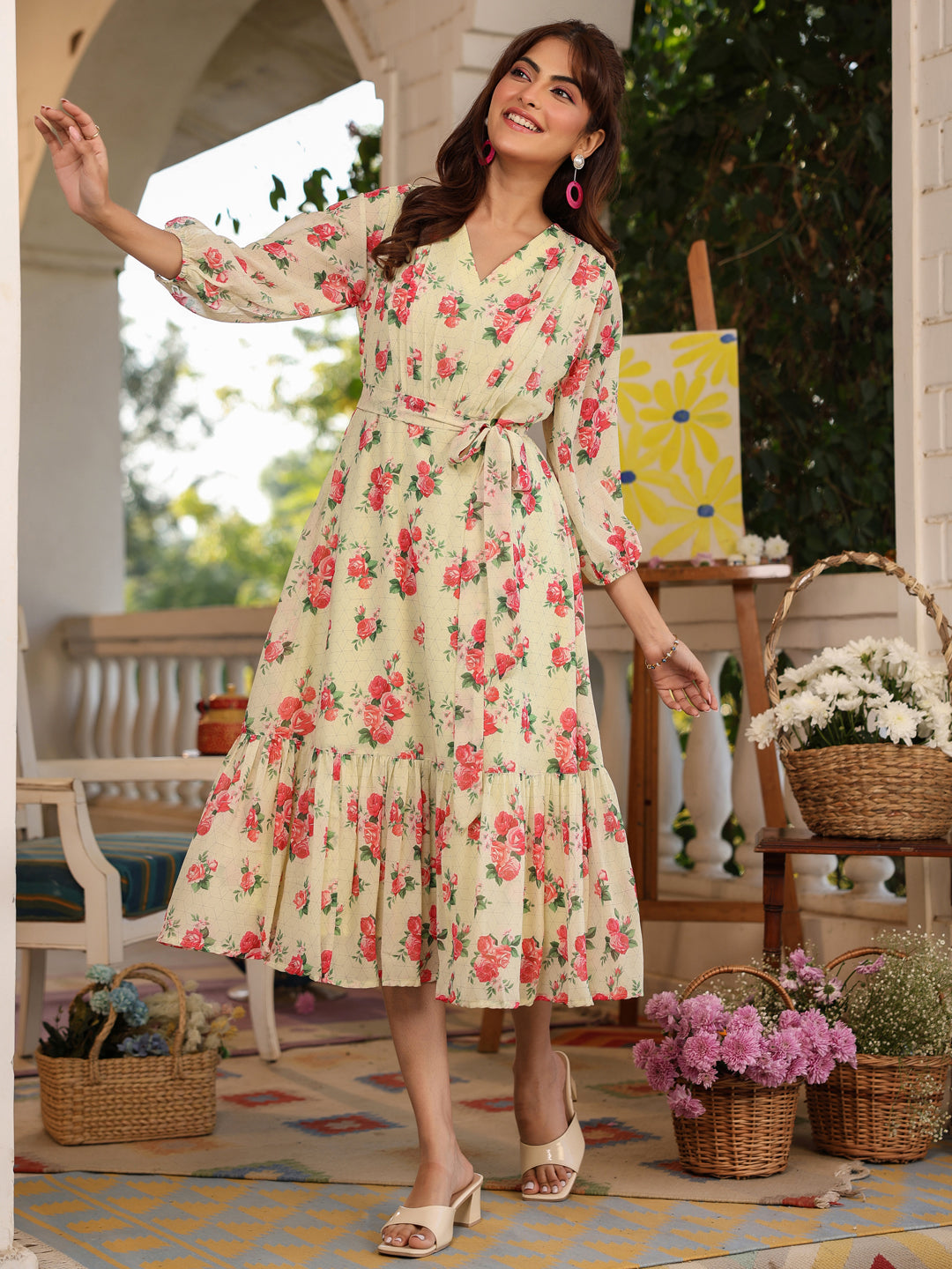 Janasya Bright Georgette Floral Fit & Flare Dress