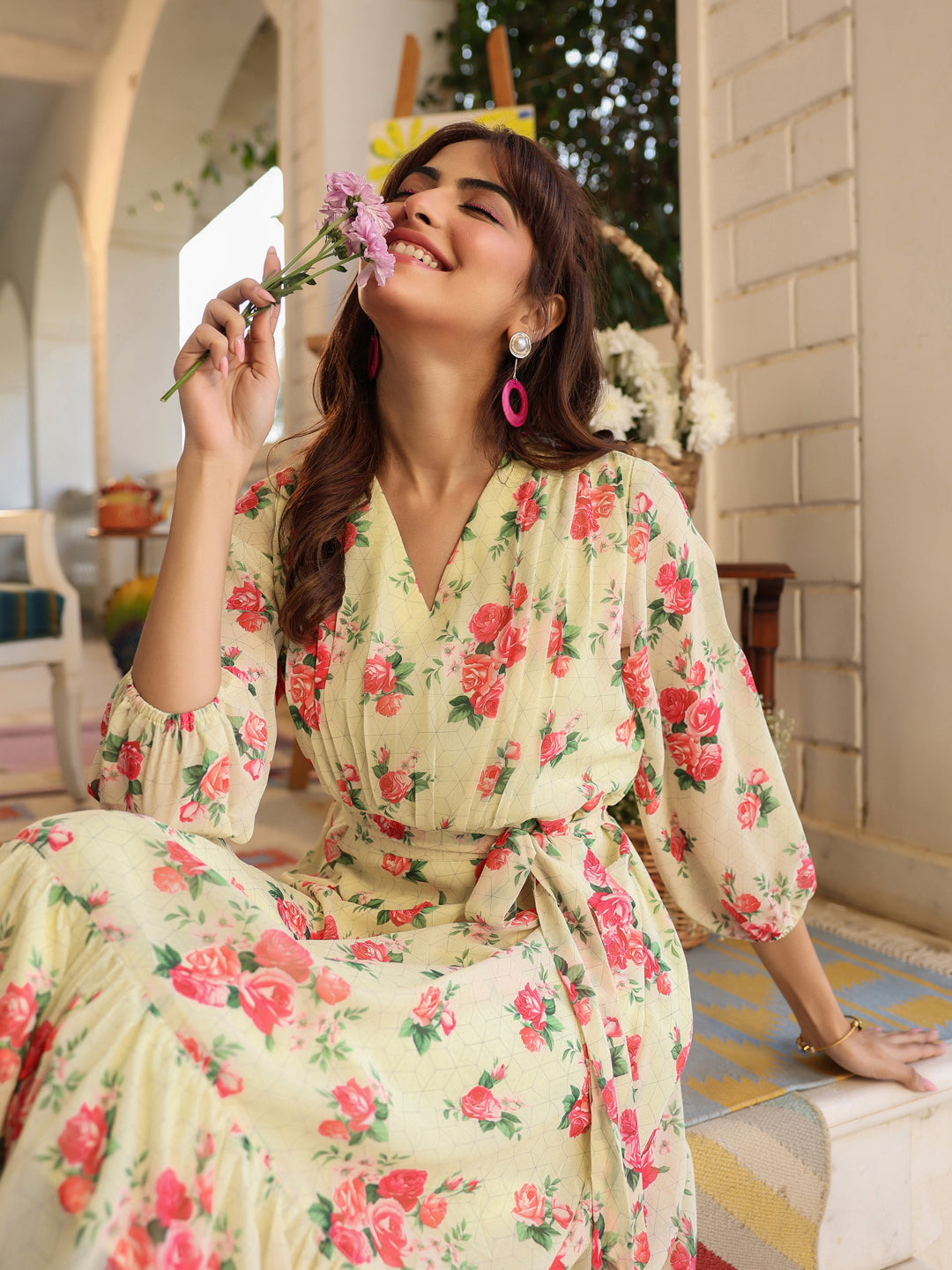 Janasya Bright Georgette Floral Fit & Flare Dress