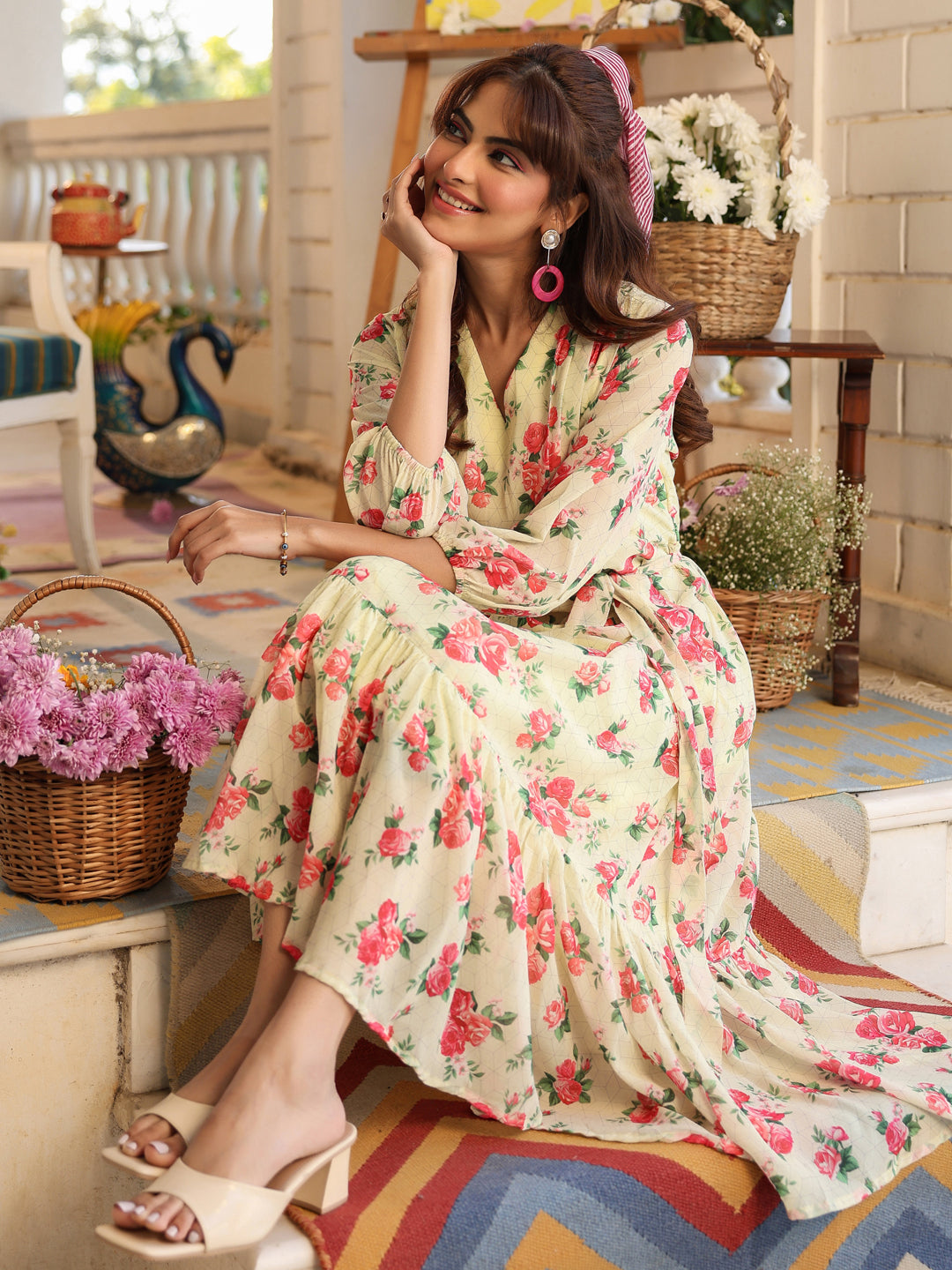 Janasya Bright Georgette Floral Fit & Flare Dress