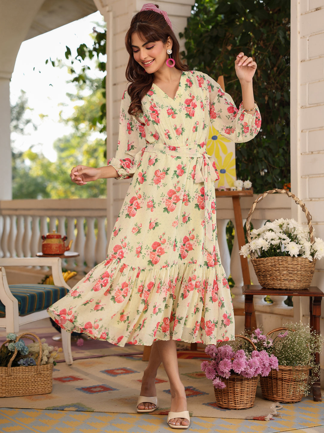 Janasya Bright Georgette Floral Fit & Flare Dress