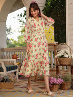 Thumbnail for Janasya Bright Georgette Floral Fit & Flare Dress