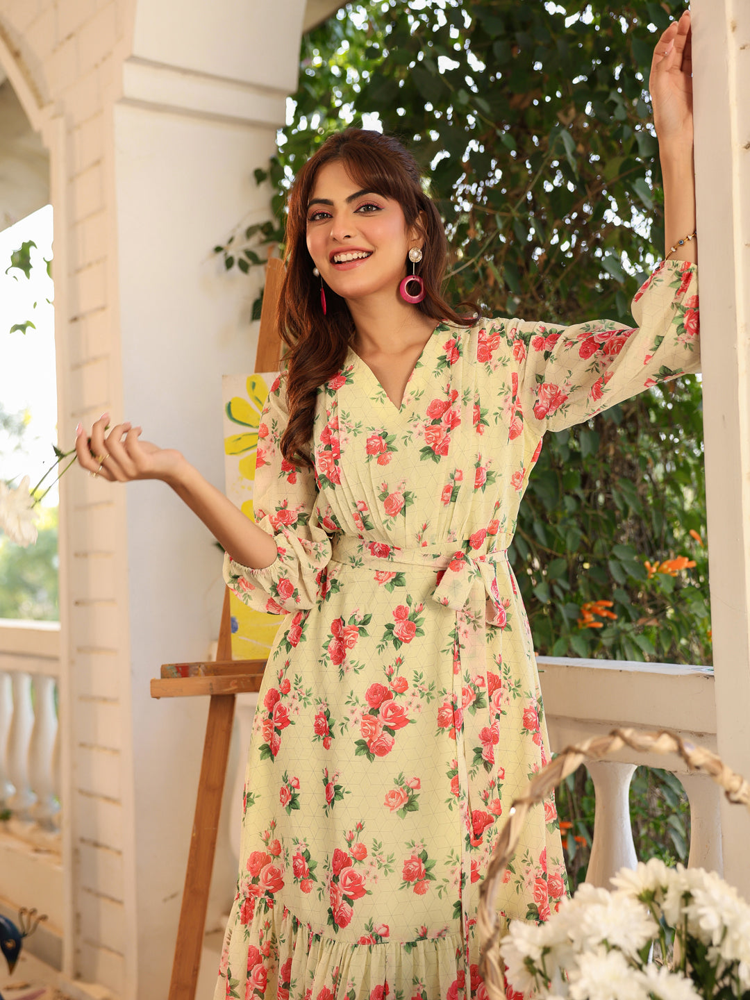 Janasya Bright Georgette Floral Fit & Flare Dress