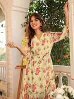 Thumbnail for Janasya Bright Georgette Floral Fit & Flare Dress