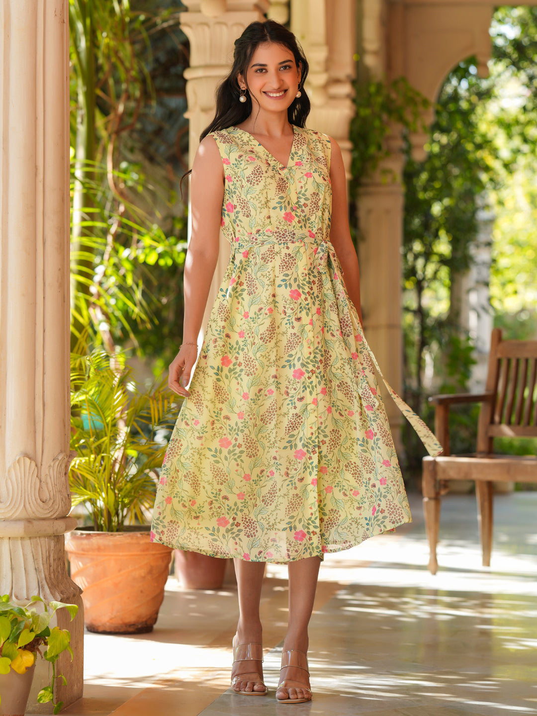 Janasya Light Georgette Floral A-Line Dress