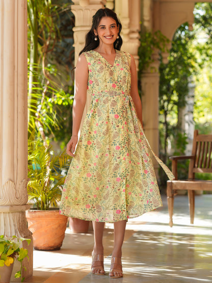 Janasya Light Georgette Floral A-Line Dress - Distacart