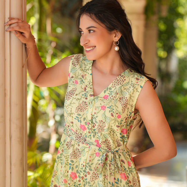Janasya Light Georgette Floral A-Line Dress