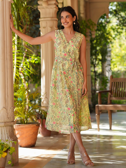 Janasya Light Georgette Floral A-Line Dress - Distacart