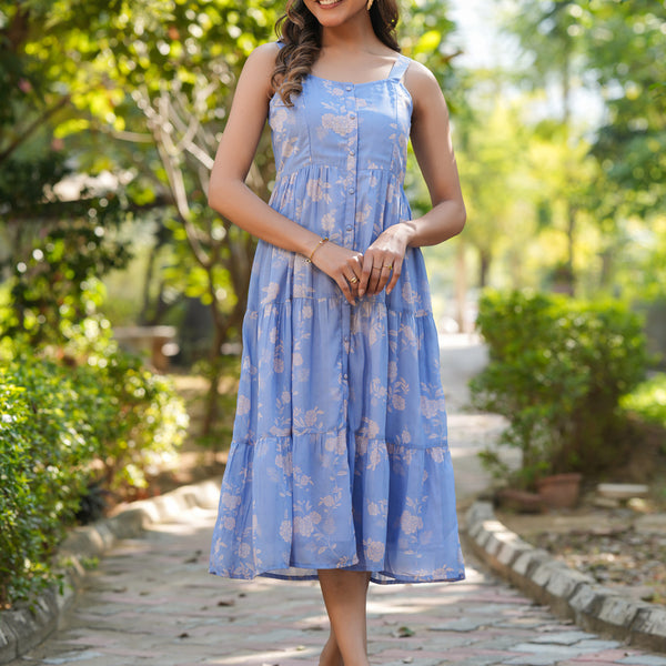 Janasya Bright Georgette Floral Tiered Dress