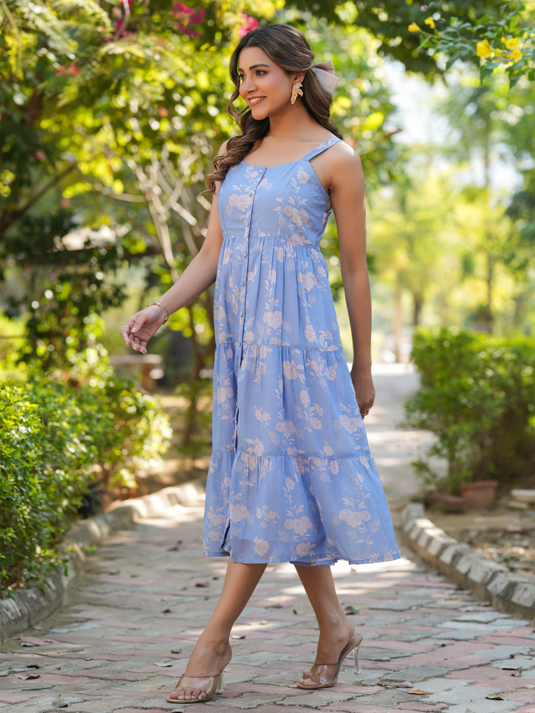 Janasya Bright Georgette Floral Tiered Dress