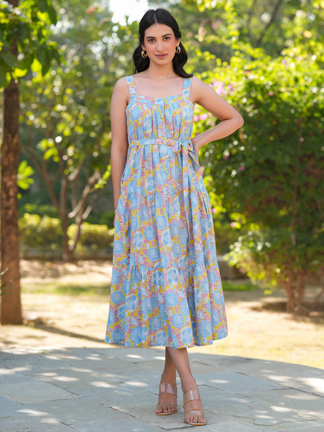 Janasya Light Cotton Floral Tiered Dress - Distacart
