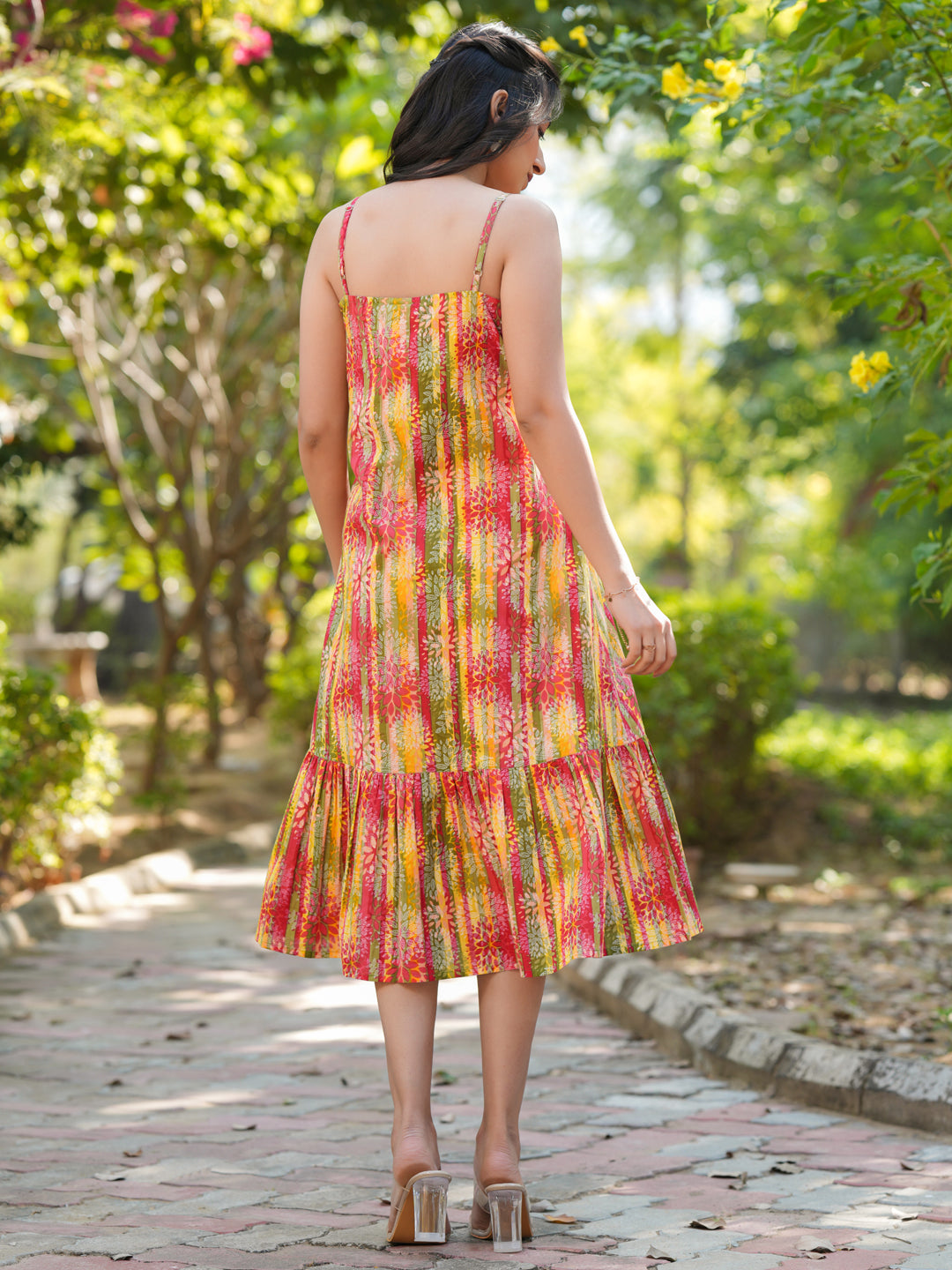 Janasya Bright Cotton Floral Tiered Dress