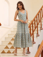 Thumbnail for Janasya Light Cotton Ethnic Motifs Tiered Dress