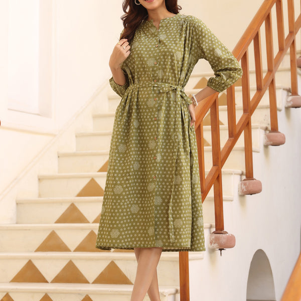 Janasya Dark Cotton Floral A-Line Dress