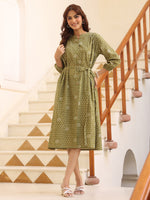 Thumbnail for Janasya Dark Cotton Floral A-Line Dress